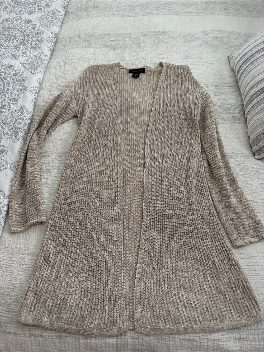 Tahari Light Beige Open-Front Ribbed Women's Cardigan